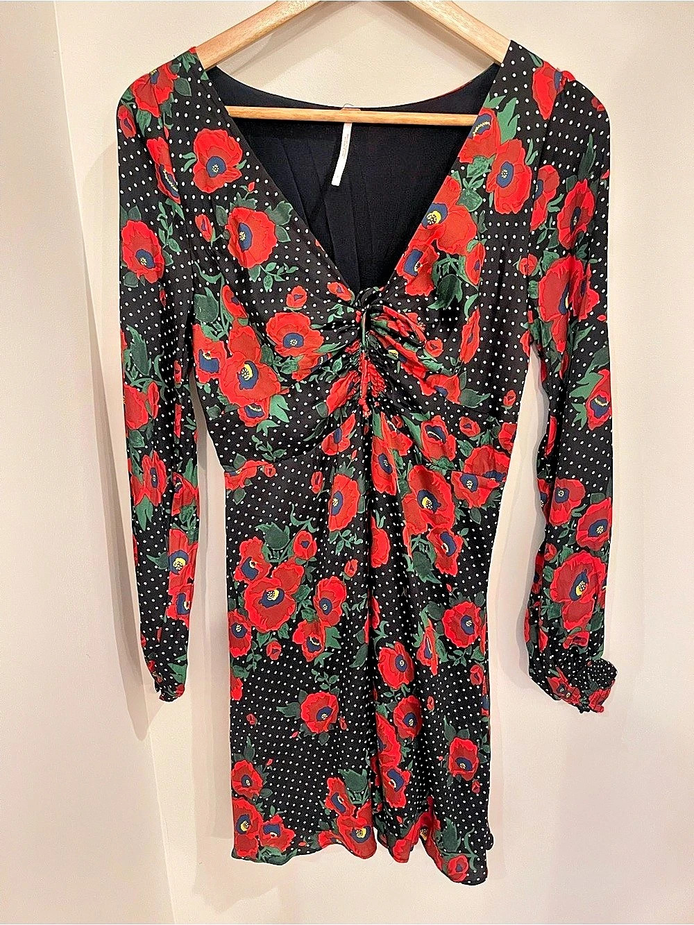 Free People Flower Fields Mini Dress Floral Long Sleeve Black & Red 100% silk